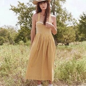 THE GREAT Laurel Striped Midi Dress in Sunburst Stripes Yellow Sz M